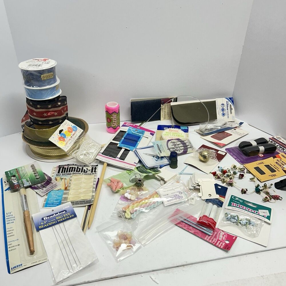 Sewing Notions Destash Lot - Ribbon, Vintage Needles, Beads, Trims Estate Bundle